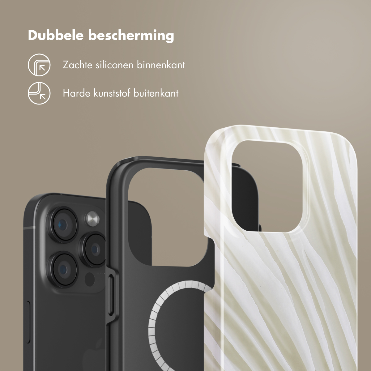 Coque de téléphone noire avec dos blanc à motifs. Un téléphone noir est à l'intérieur.