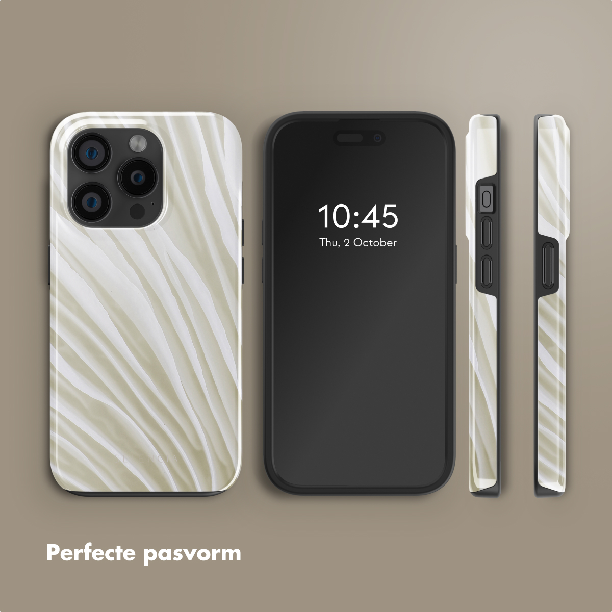 Un téléphone avec une coque blanche à motifs ondulés, avec des coques assorties de chaque côté. Texte : Ajustement parfait.