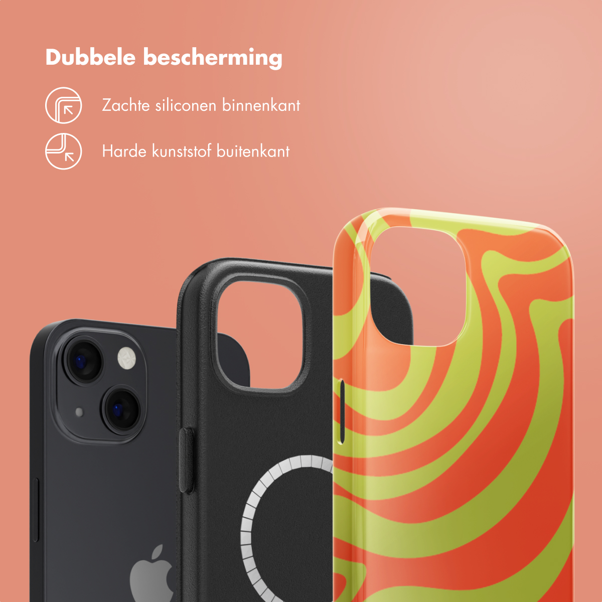 Trois coques de téléphone. Coque noire avec cercle blanc, téléphone avec coque noire, coque tourbillonnée vert-orange.