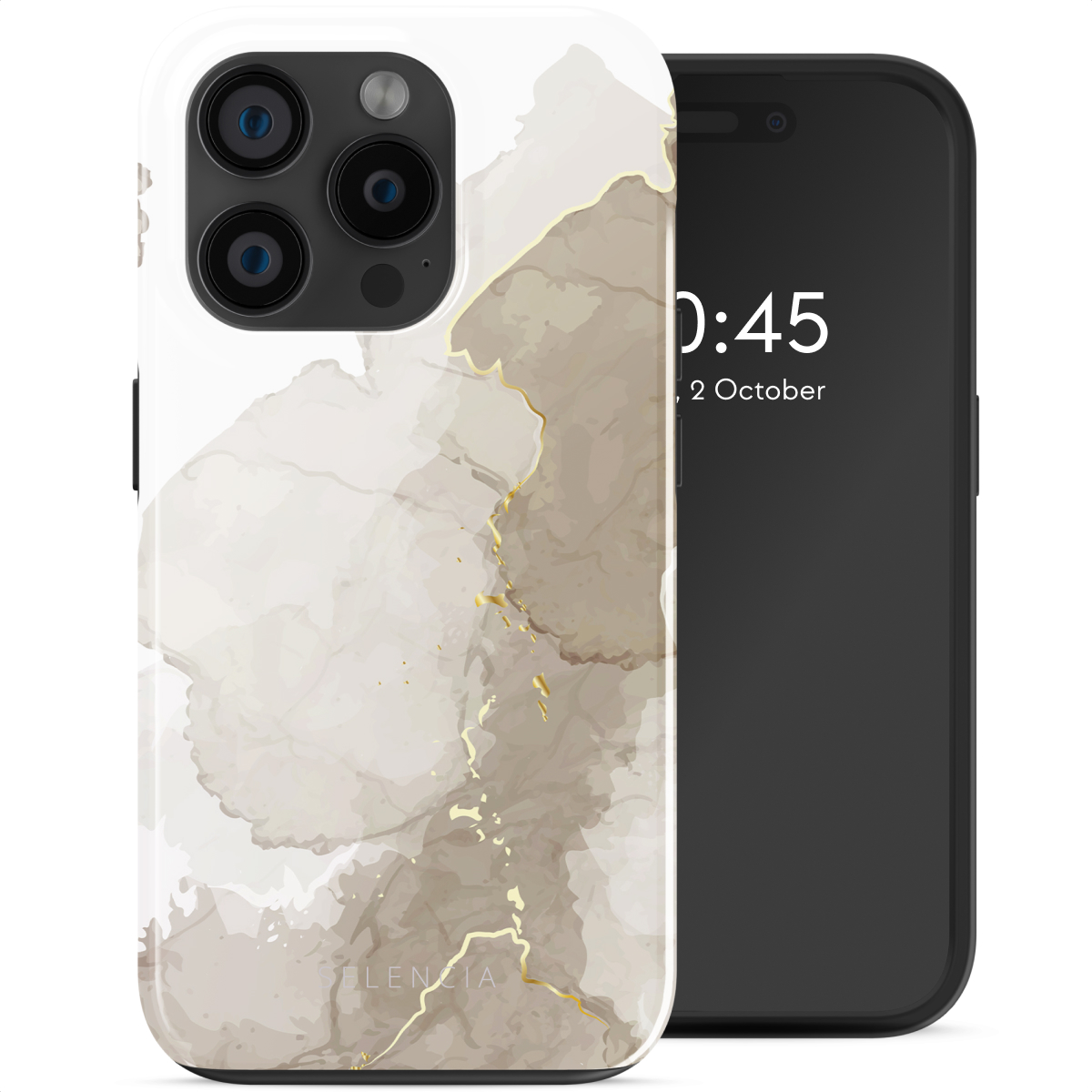 Coque de téléphone blanche et dorée avec un téléphone. Le téléphone affiche la date.