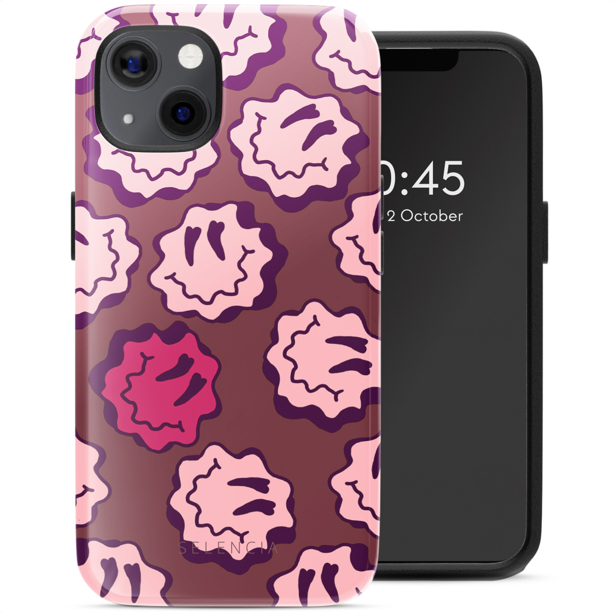 Coque de téléphone avec des motifs de visages souriants roses répétés. Téléphone à droite.