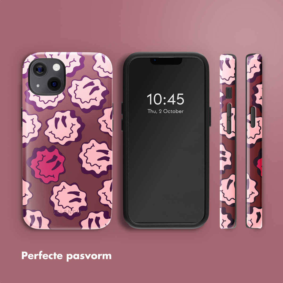 Un téléphone avec une coque rose avec un motif répétitif, avec une coque assortie.