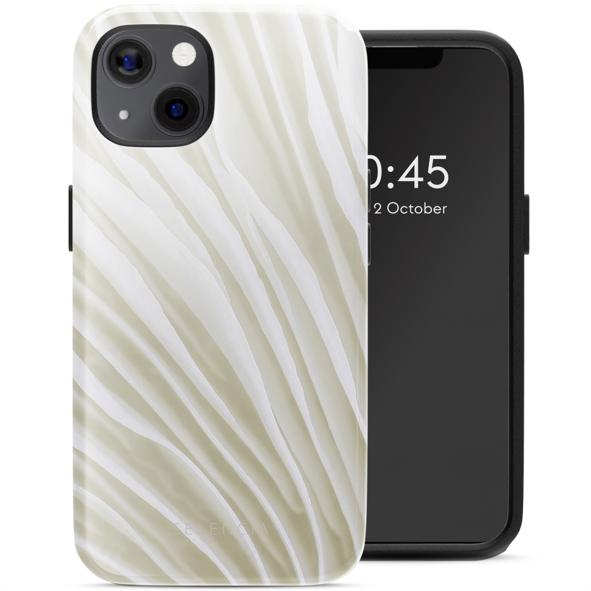 Un téléphone dans un étui à motifs de vagues blanches. Le téléphone affiche l'heure : 0:45, 2 octobre, bordures noires.