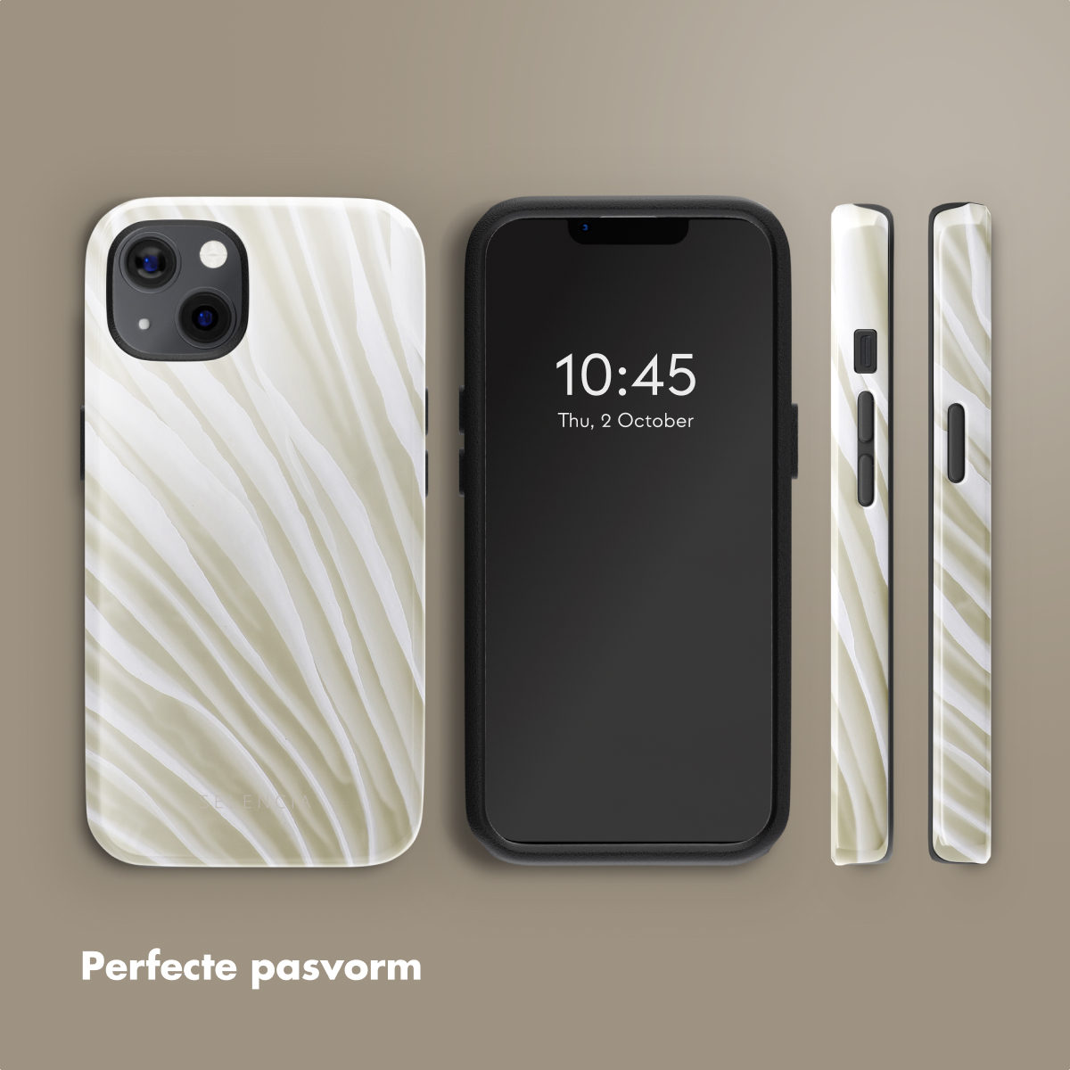 Téléphone et étui, trois pièces. Le téléphone affiche l'heure. Étui avec motif vagues blanches.