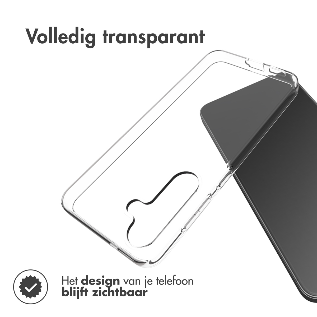 Custodia trasparente per telefono sopra un telefono. La custodia è trasparente, il telefono è visibile. Testo in alto: 'Volledig transparant'.