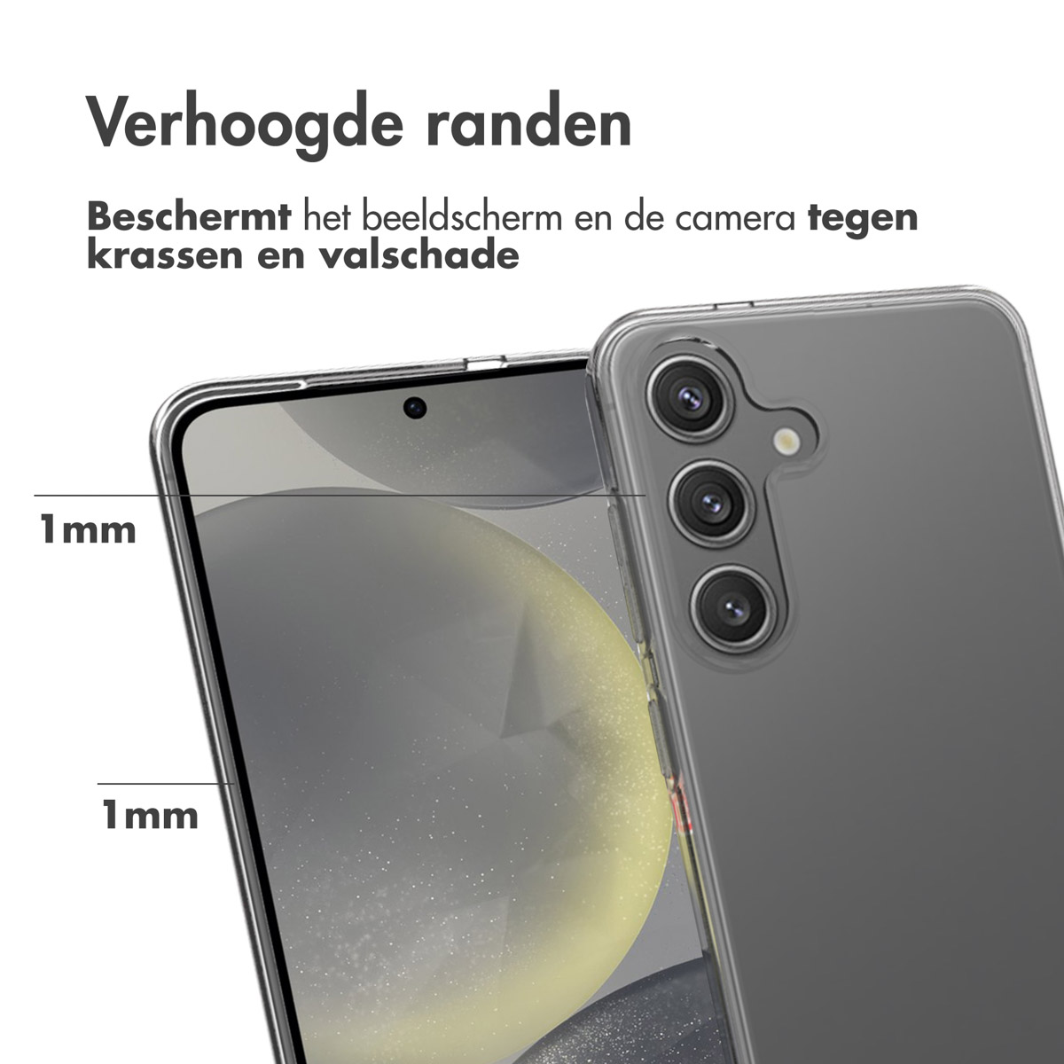 Gros plan sur une coque de téléphone. Elle est gris foncé et a des bords surélevés pour protéger l'écran et l'appareil photo.