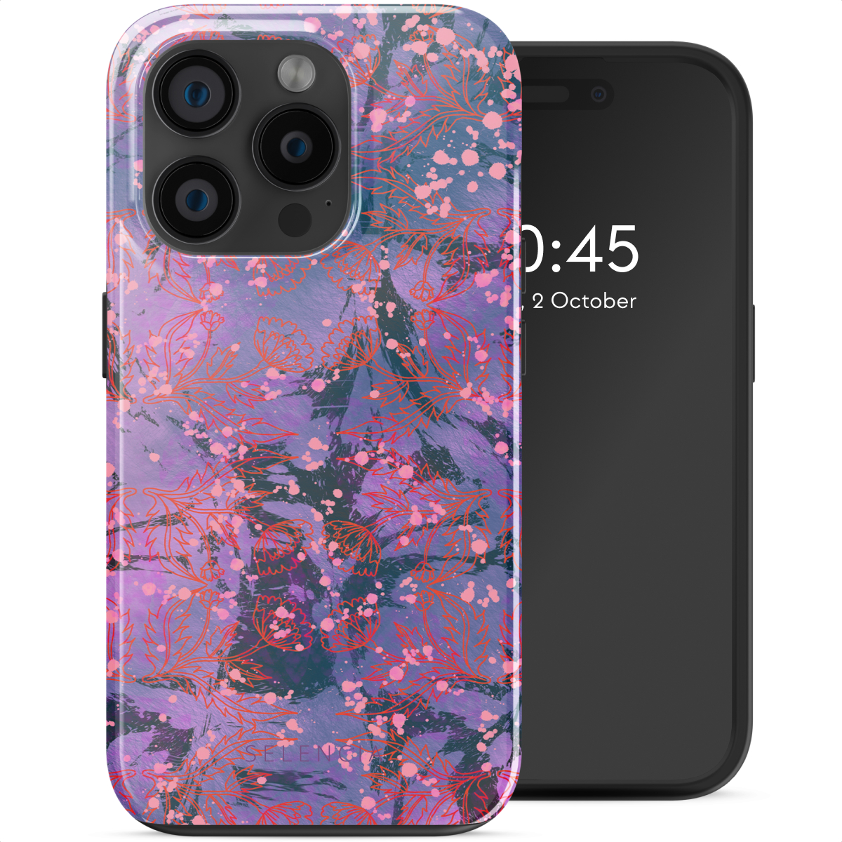 Coque de téléphone violette avec motif floral sur un téléphone noir. L'heure affichée est 10h45, 2 octobre.