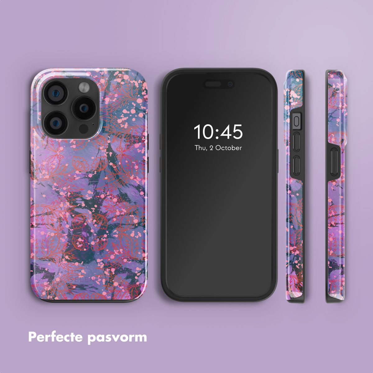 Un téléphone avec un étui au design floral coloré. L'écran affiche l'heure et la date. Étuis vus sous différents angles.