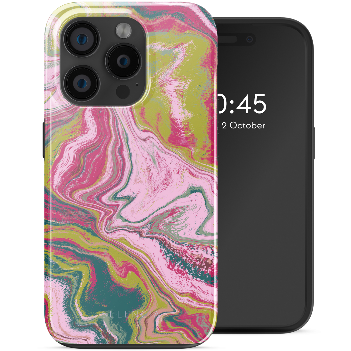 Un téléphone avec un étui coloré semblable à du marbre. Le téléphone affiche l'heure et la date à l'écran.