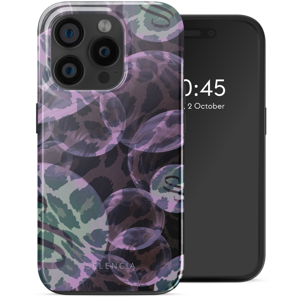 Coque de téléphone avec des bulles à imprimé léopard au dos. Téléphone noir à droite.