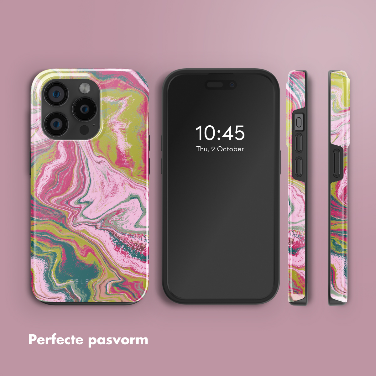 Coque de téléphone avec motif marbre rose, vert et blanc. Le téléphone est noir. Fond rose.