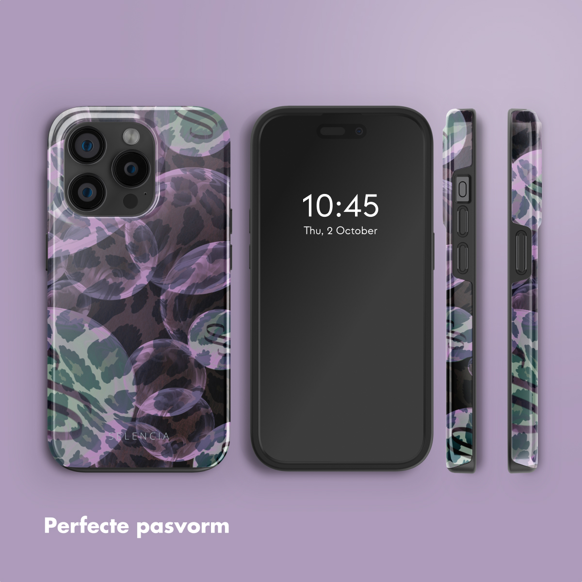 Coque de téléphone avec un motif de bulles. Présente l'écran du téléphone et la vue latérale de la coque.