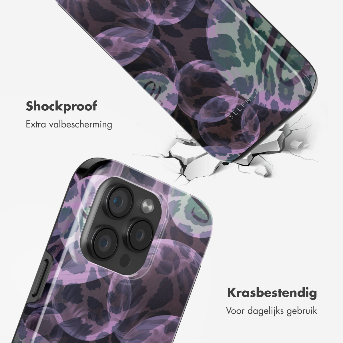 Coque de téléphone avec motif violet sur surface blanche avec fissures.