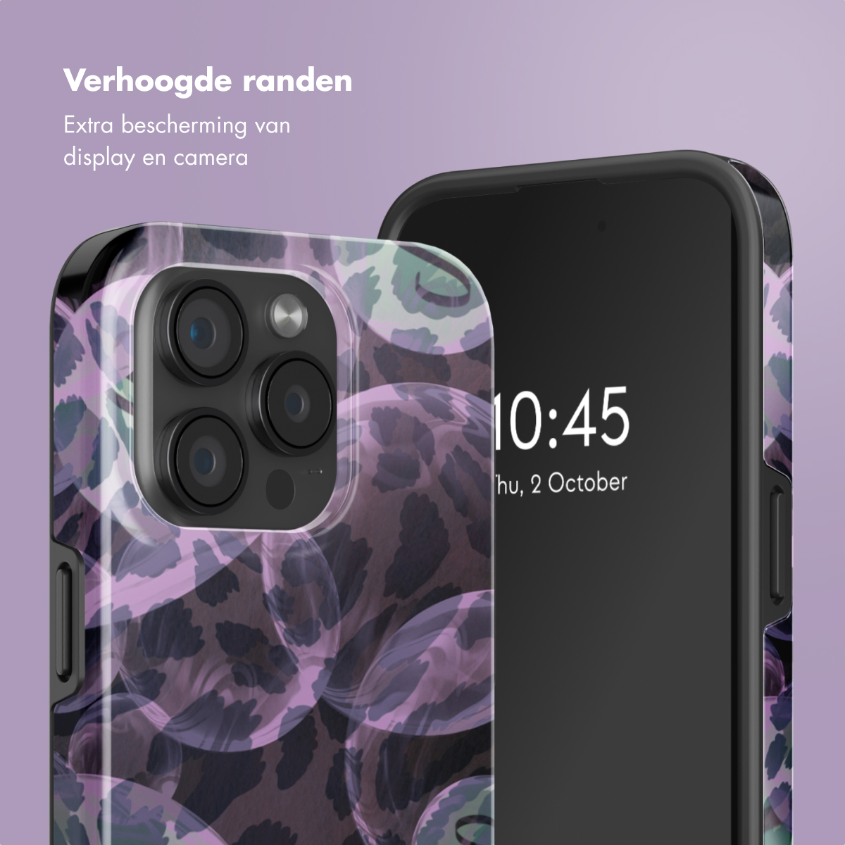 Coque de téléphone avec motif bulles violettes, téléphone avec écran noir.