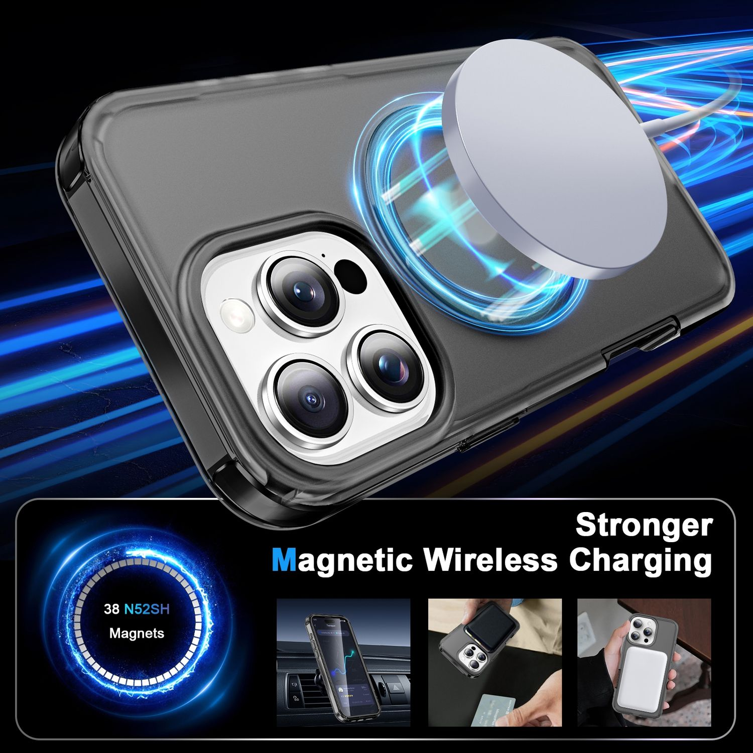 Handyhülle mit silbernem Kreis. Telefon ist mit blauem Magneteffekt an der Hülle befestigt.