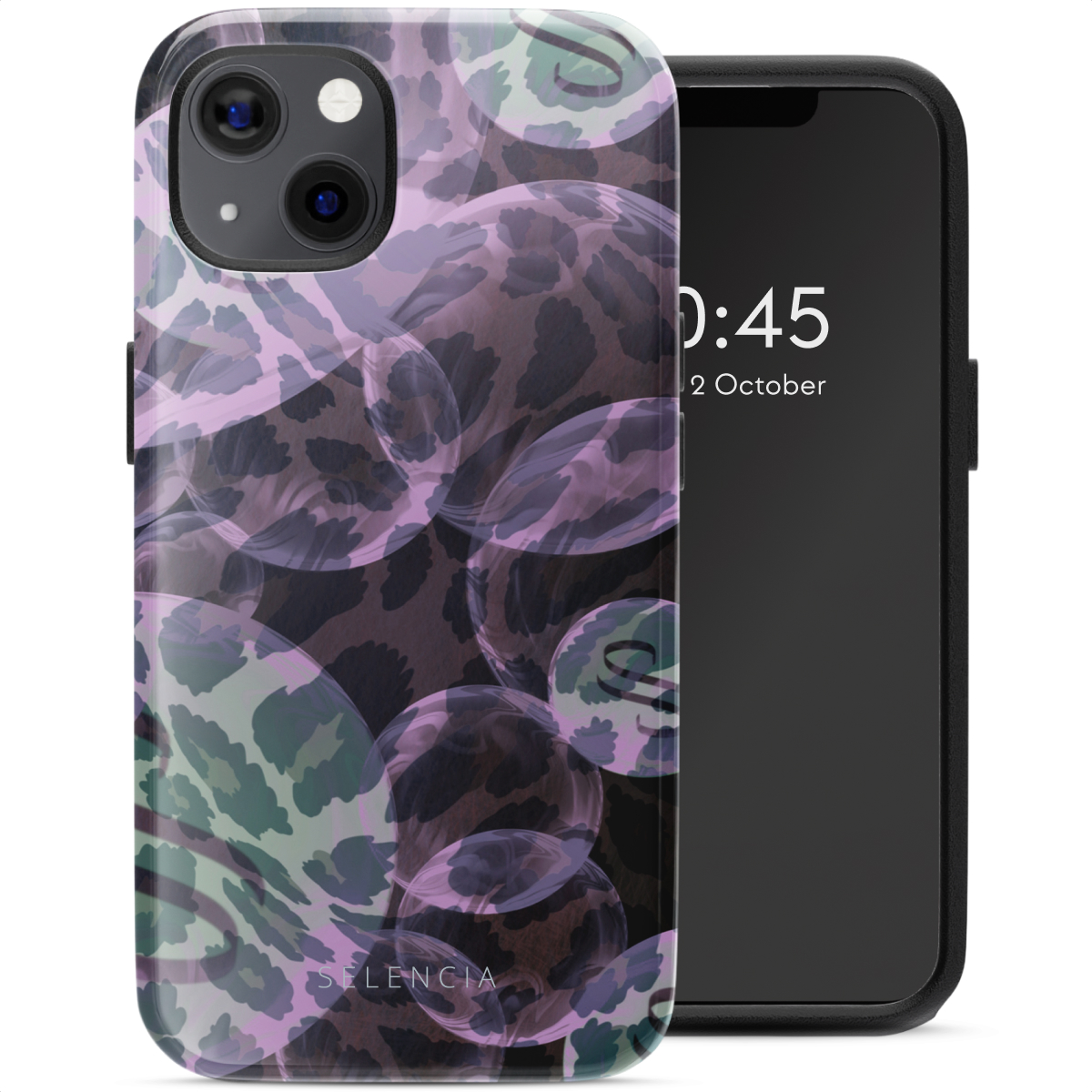 Coque de téléphone avec un design de bulles violettes. Le téléphone à droite affiche l'heure.