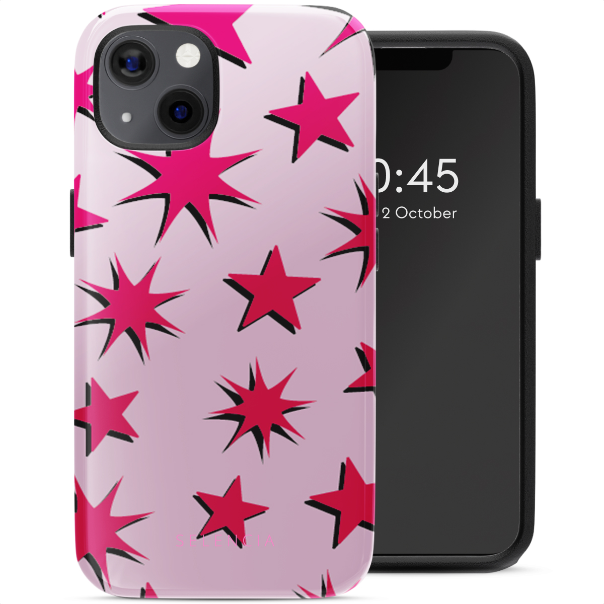 Un téléphone dans un étui rose à étoiles sur fond blanc.