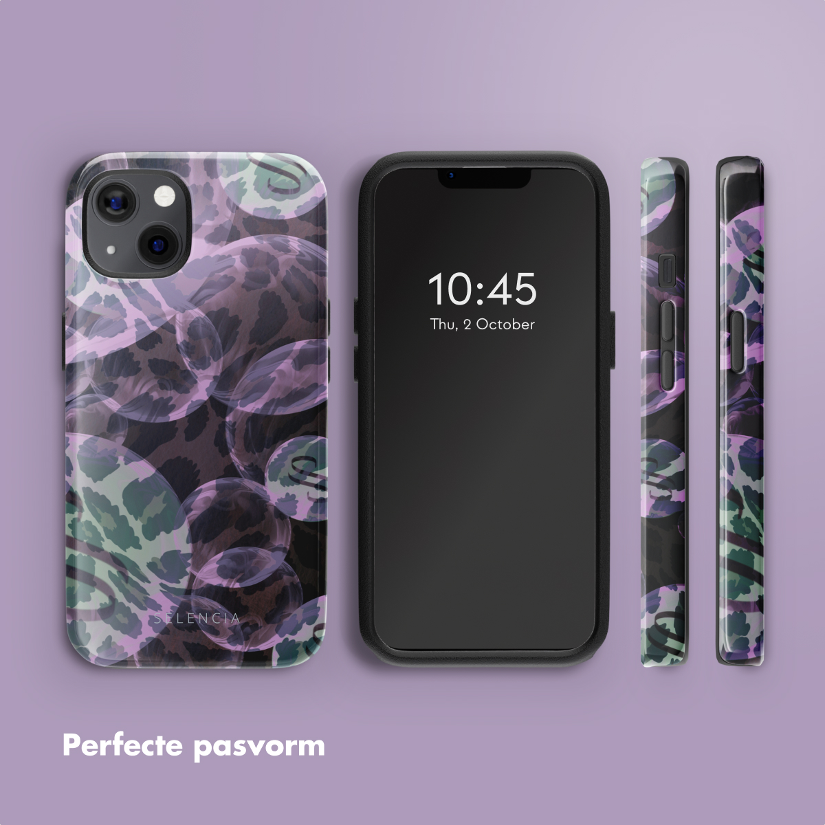 Coque de téléphone avec un design coloré et un téléphone. Texte : Ajustement parfait. Le téléphone affiche l'heure.