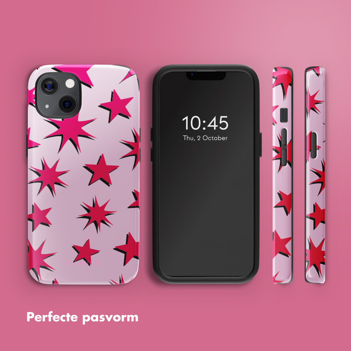Un téléphone, une coque et des côtés de coque supplémentaires avec un motif d'étoiles roses, sur fond rose.
