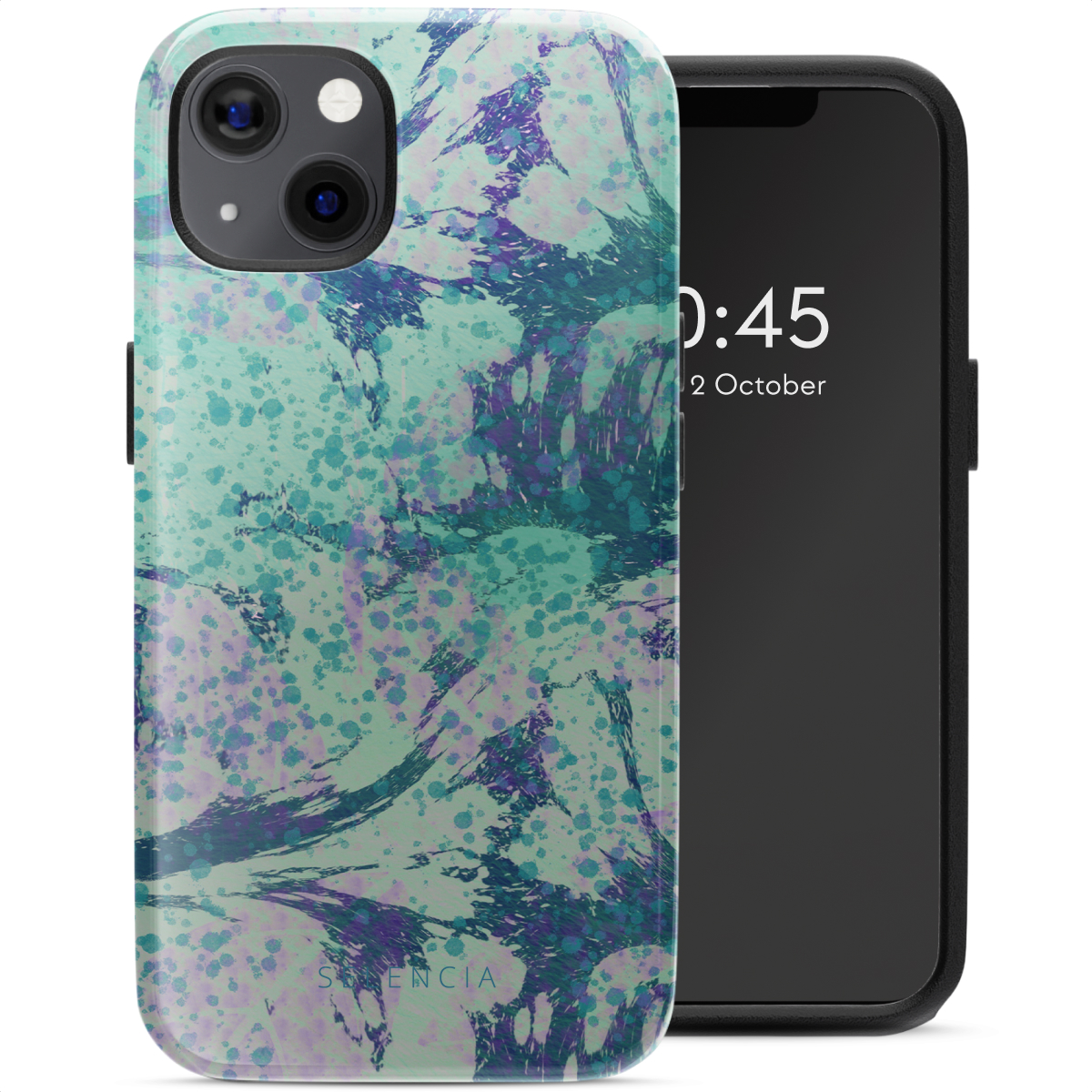 Téléphone avec coque à motif abstrait, écran noir.