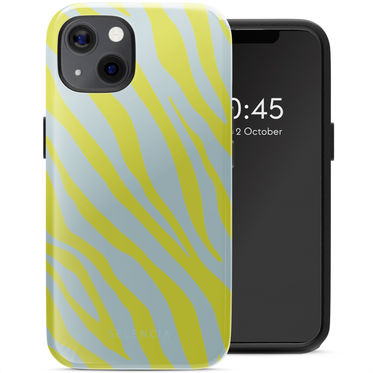 Coque de téléphone avec des rayures zébrées jaunes et bleues sur un téléphone affichant l'heure.