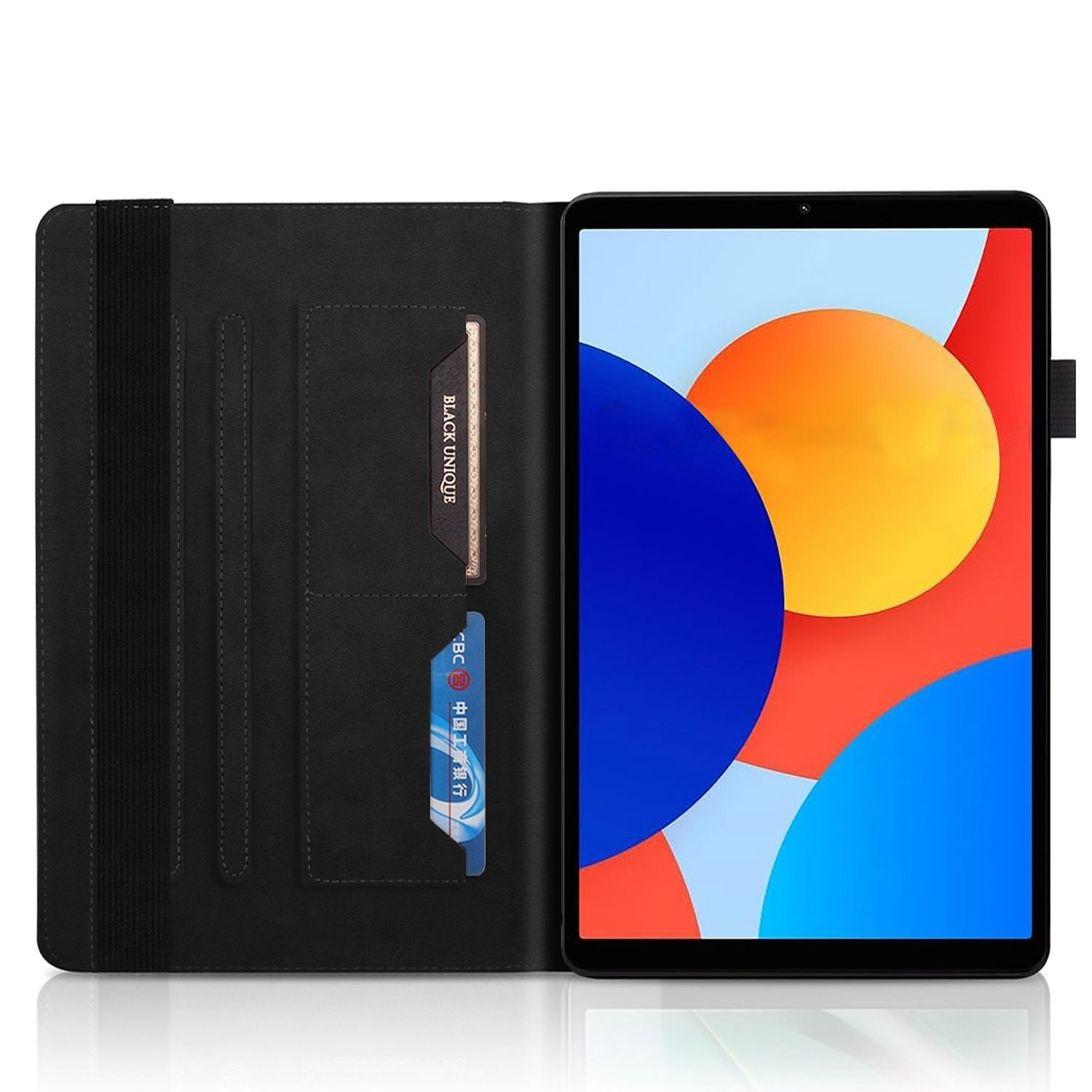 Tableta abierta en una funda, mostrando una pantalla colorida, con ranuras para tarjetas, fondo negro.