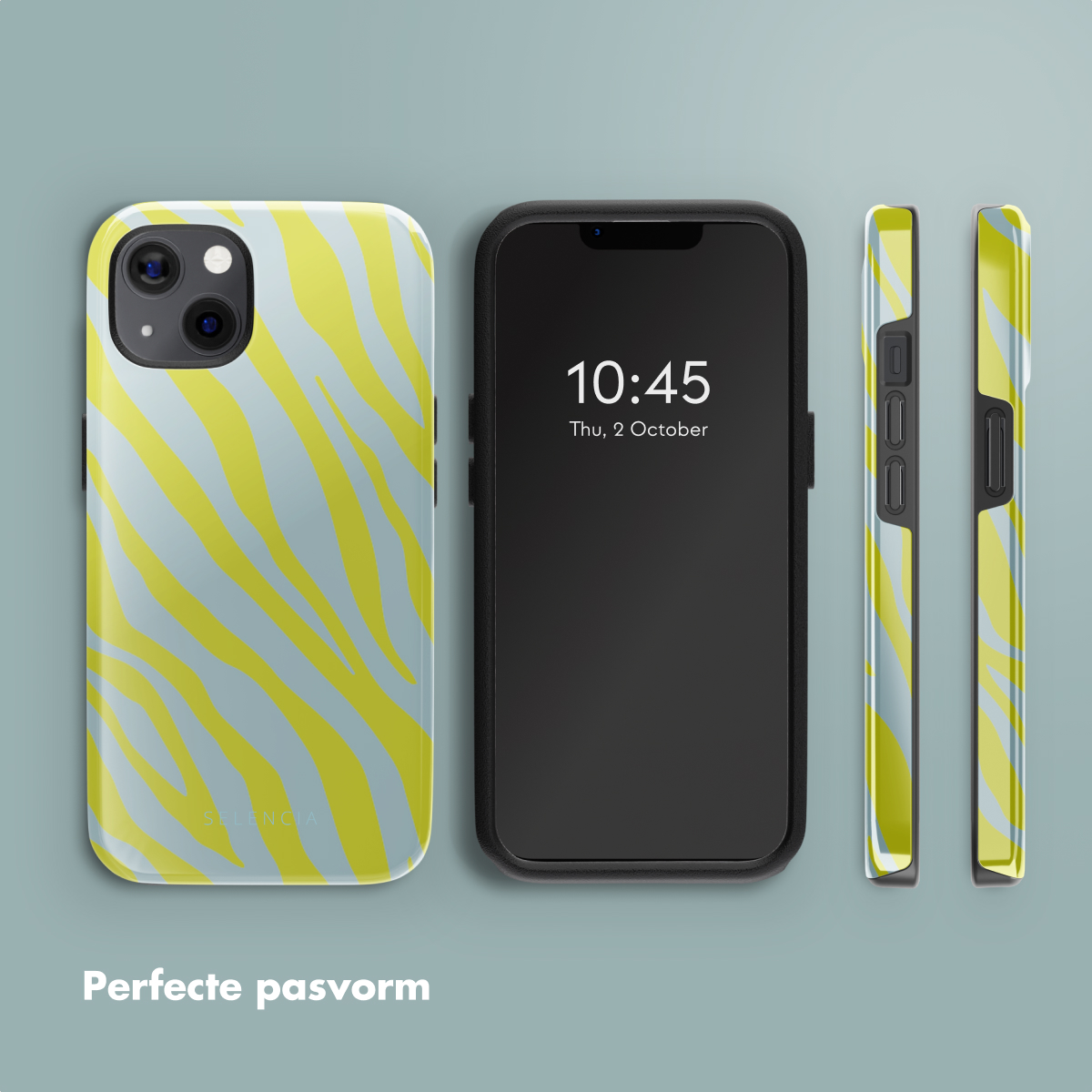 Téléphone avec une coque zébrée et deux autres vues de coque. Fond bleu clair.
