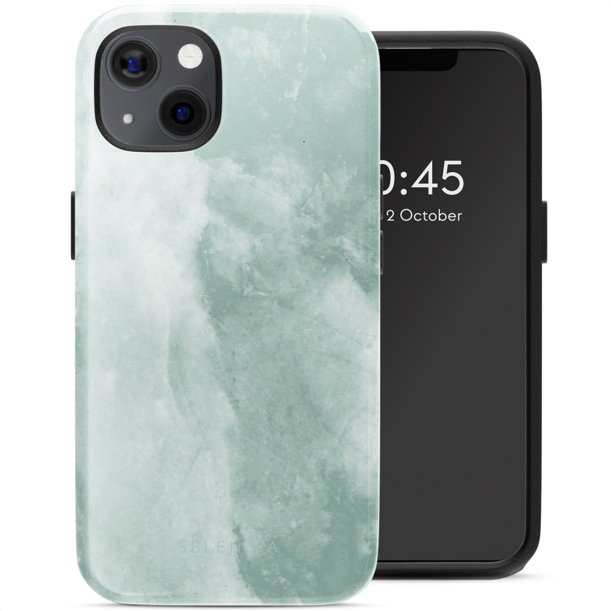 Coque de téléphone en marbre vert menthe sur un téléphone noir, affichant l'heure et la date.