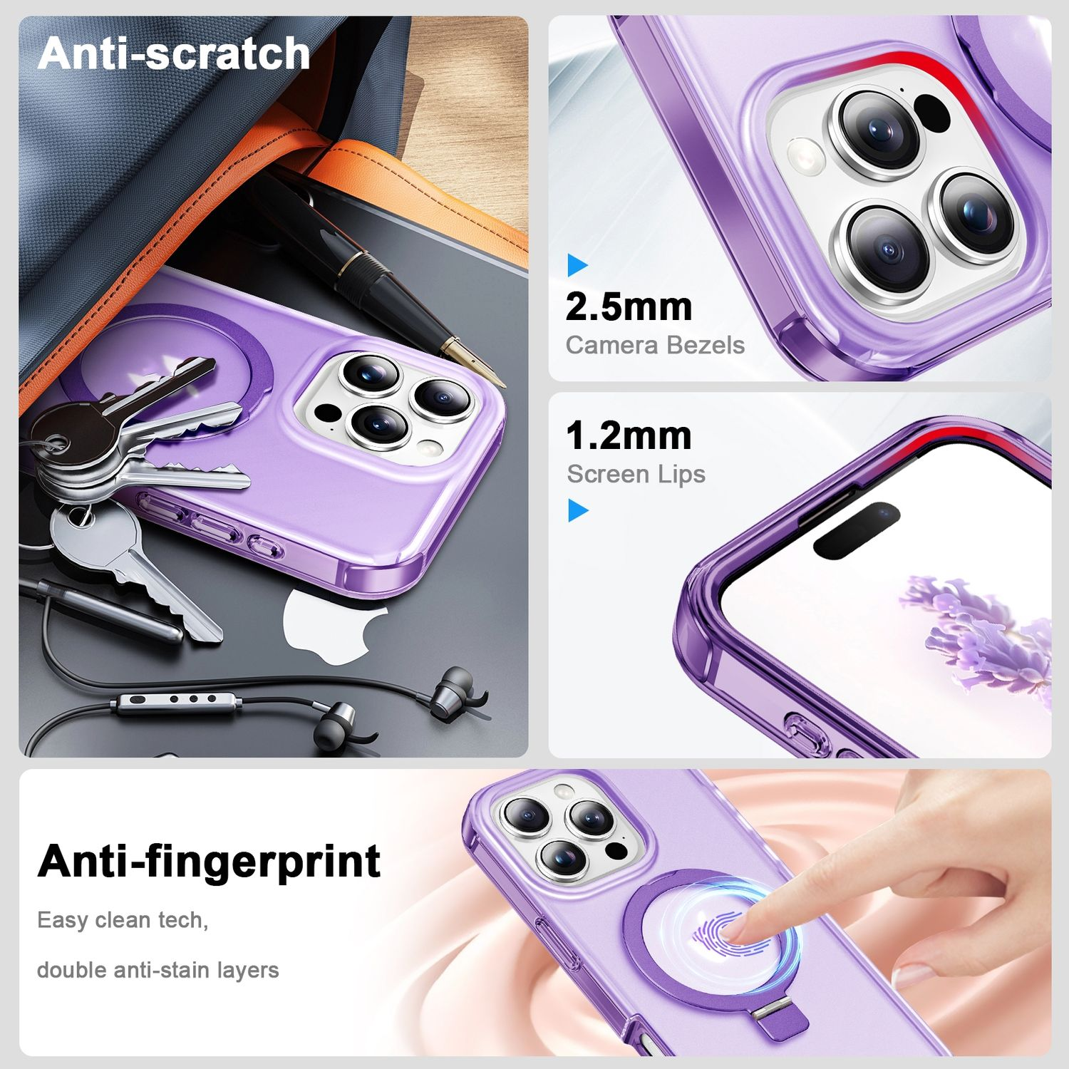 Eine Handyhülle mit Telefon, Schlüsseln und Stift. Es hebt Funktionen wie Anti-Kratzer und Fingerabdruck hervor.