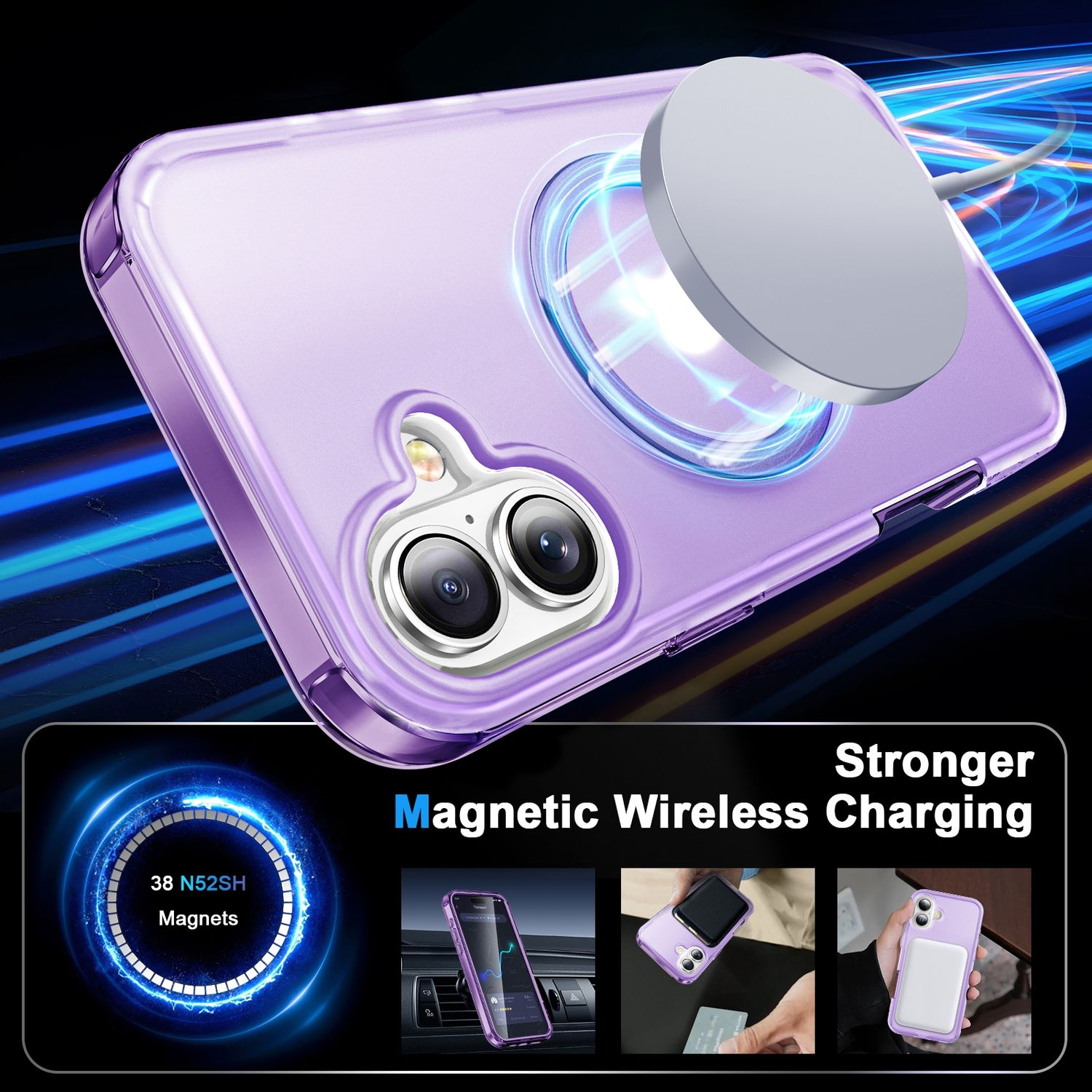 Lila Handyhülle mit Ladepad. Ein Telefon wird drahtlos geladen. Magnete sind ebenfalls abgebildet.