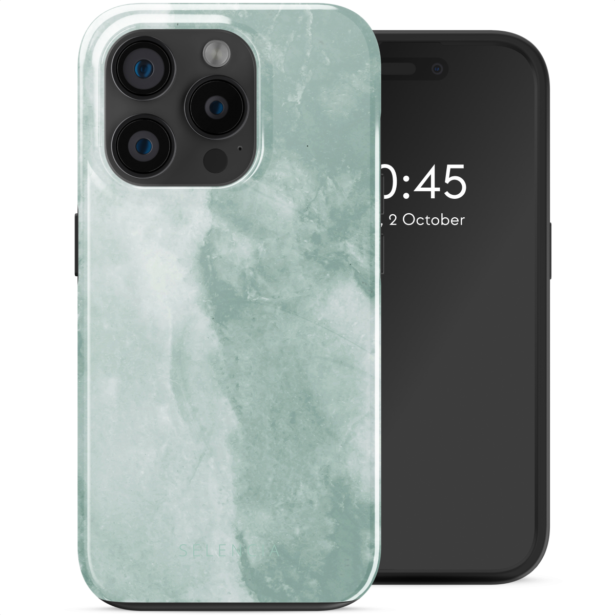 Une coque de téléphone avec un motif marbré vert clair, avec un téléphone noir affichant l'heure.