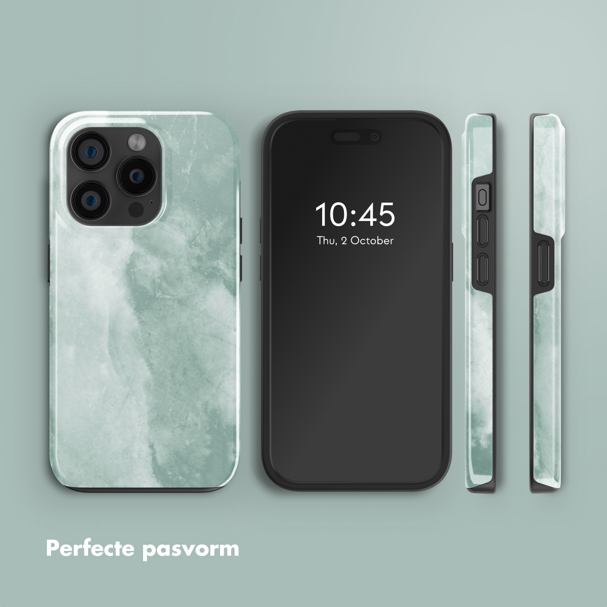 Maquette de téléphone. L'avant, le côté et l'arrière d'un téléphone, montrant un étui avec un design marbré.