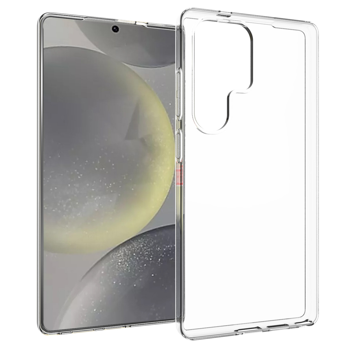 Un telefono con una custodia trasparente su sfondo bianco. Il telefono è acceso e lo schermo è visibile.