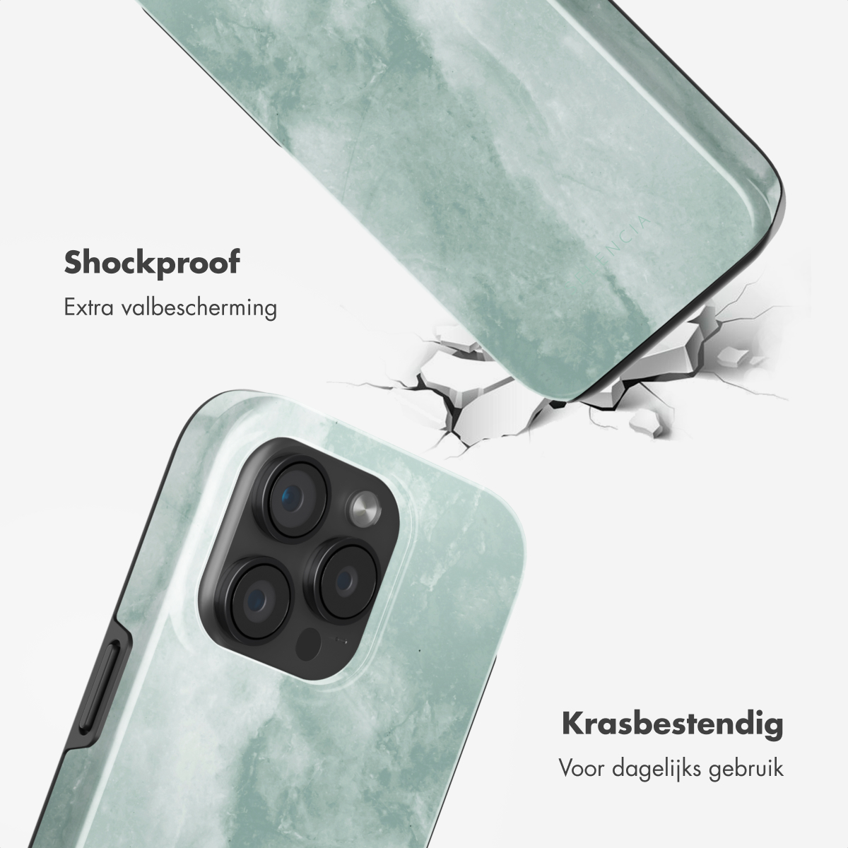 Une coque de téléphone avec un motif marbré, à côté d'un téléphone avec une coque similaire. La coque est fissurée.
