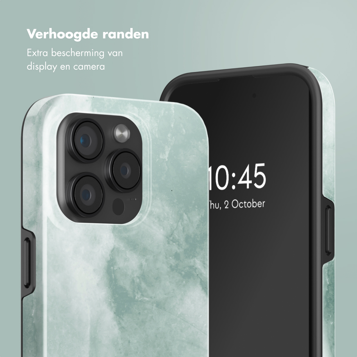 Gros plan d'une coque de téléphone avec motif marbre et écran affichant 10:45.