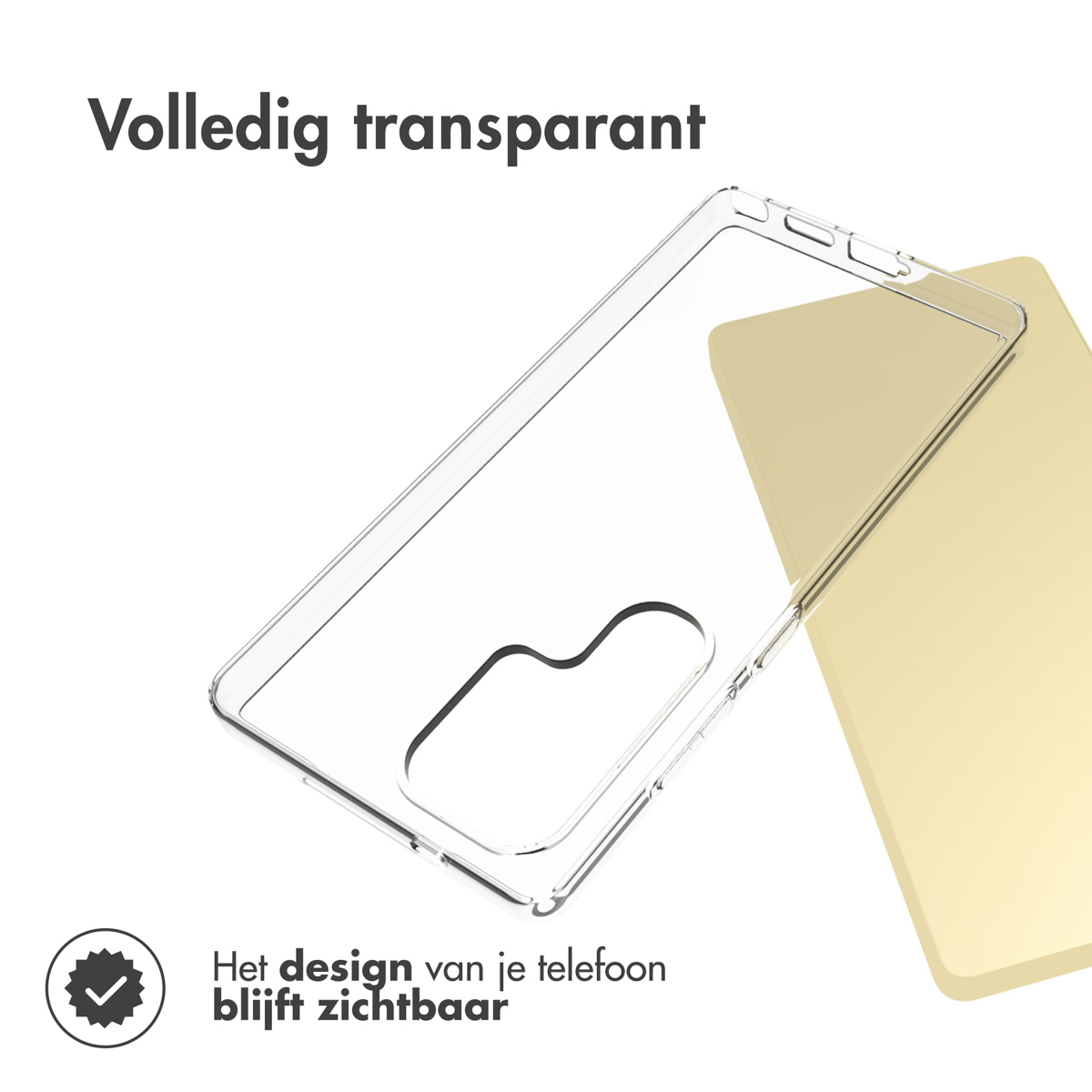 Una custodia trasparente per telefono posizionata sopra un telefono, con uno schermo giallo visibile attraverso la custodia.