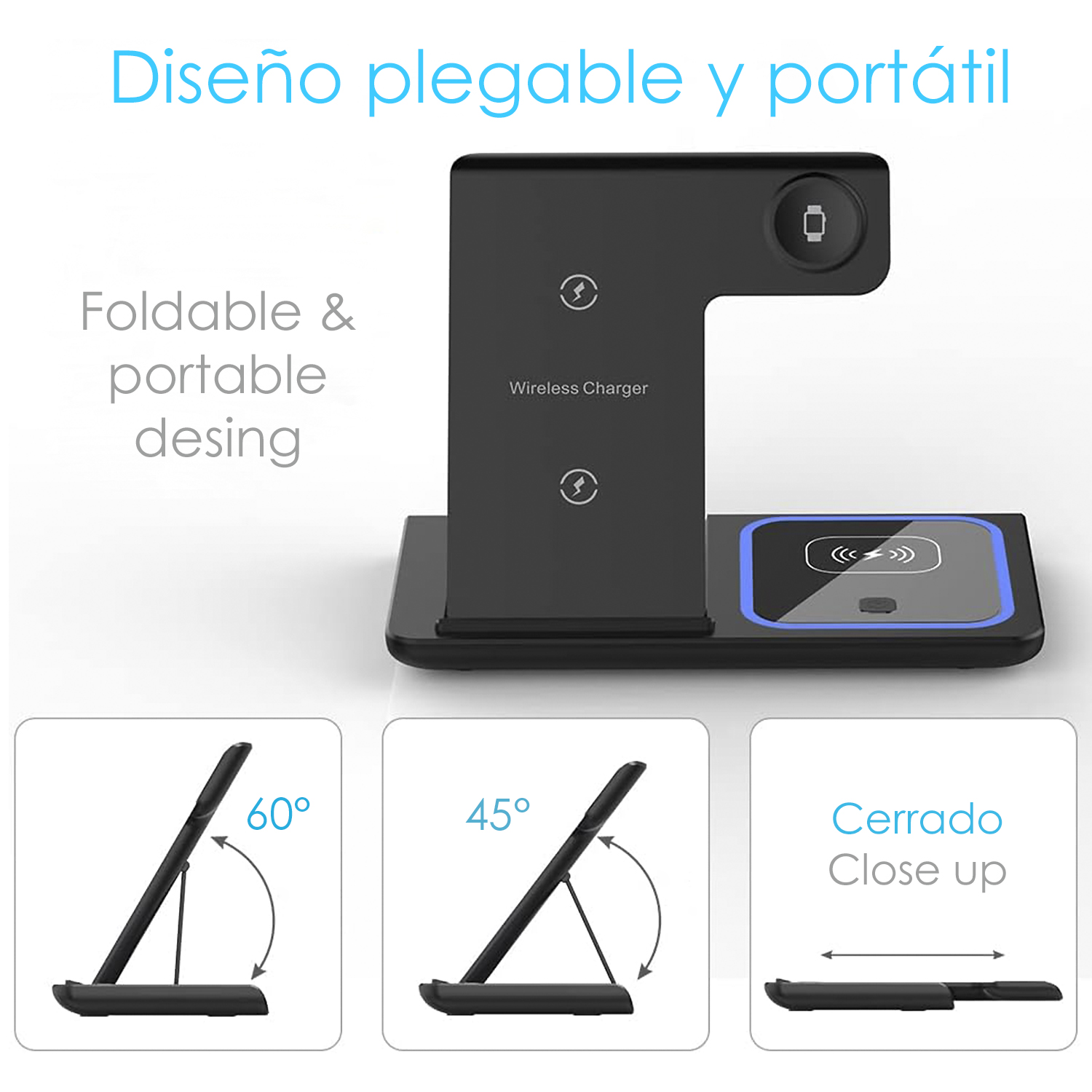 Un cargador inalámbrico plegable negro, con un teléfono cargándose en él. Las ilustraciones muestran diferentes ángulos.