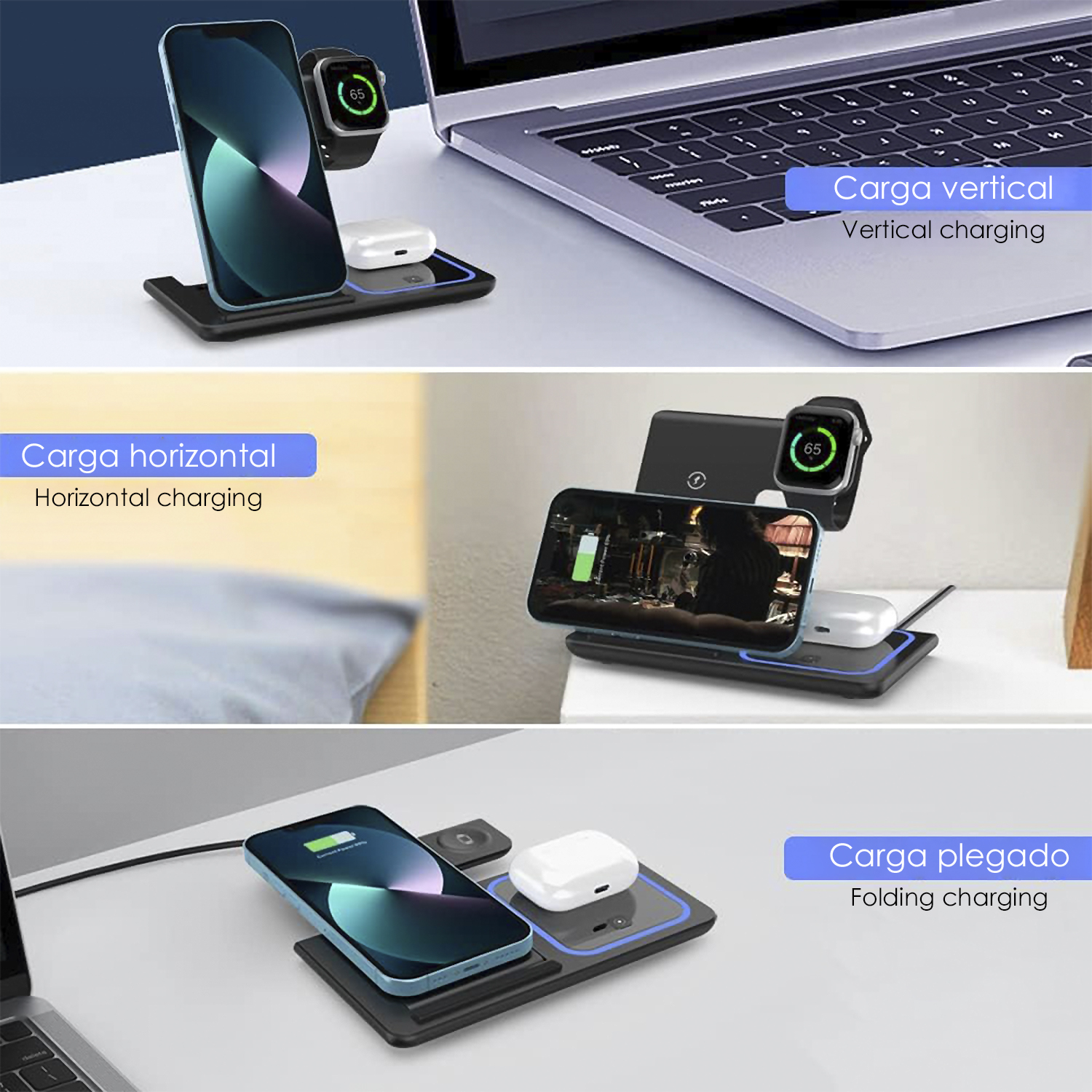 Múltiples imágenes de un cargador inalámbrico. Teléfono, reloj y auriculares se están cargando.