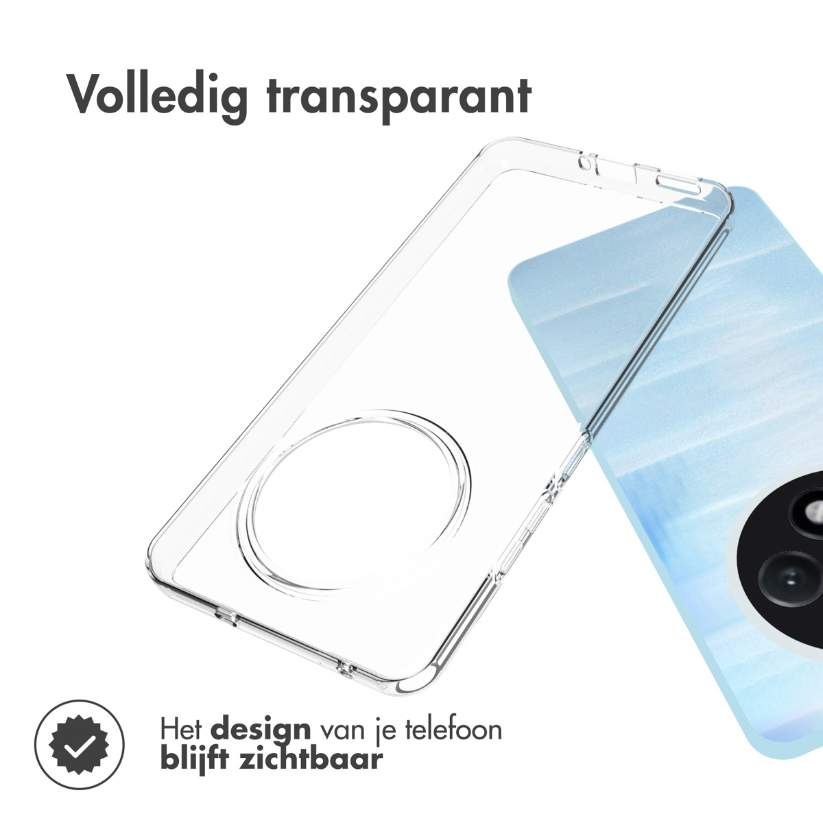Una custodia trasparente per telefono su un telefono con un design blu. La custodia è trasparente, il design è visibile.