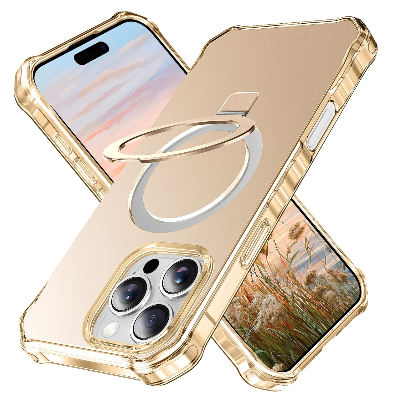 Goldene Handyhülle mit Ringhalter, Telefon dahinter und Landschaft auf der Rückseite.