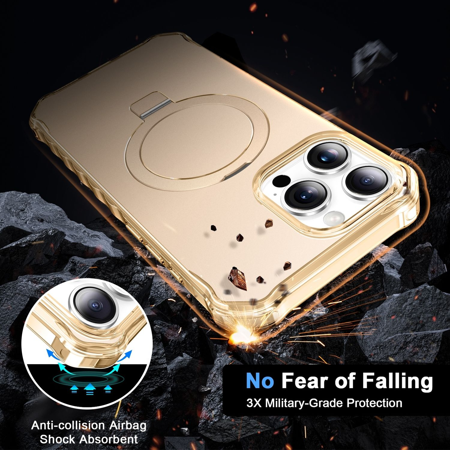 Eine Handyhülle mit goldenem Ring und Telefon darin. Ein zerbrochener Felsen-Hintergrund mit Text über Schutz.