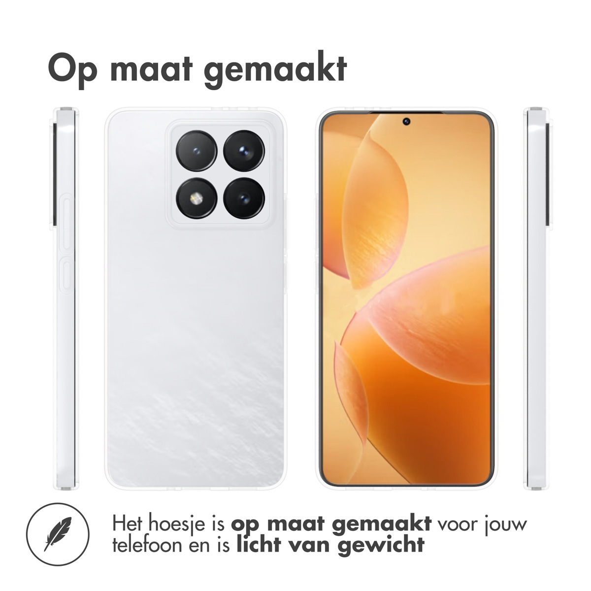Coque de téléphone blanche avec découpes caméra, écran visible. Texte : 'Op maat gemaakt'.