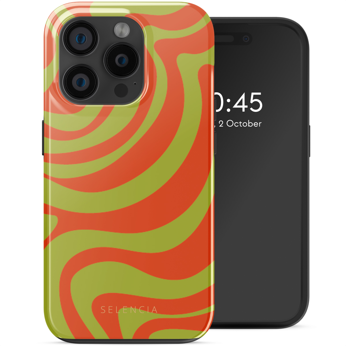 Telefono con custodia arancione e verde a vortice e schermo con l'ora.