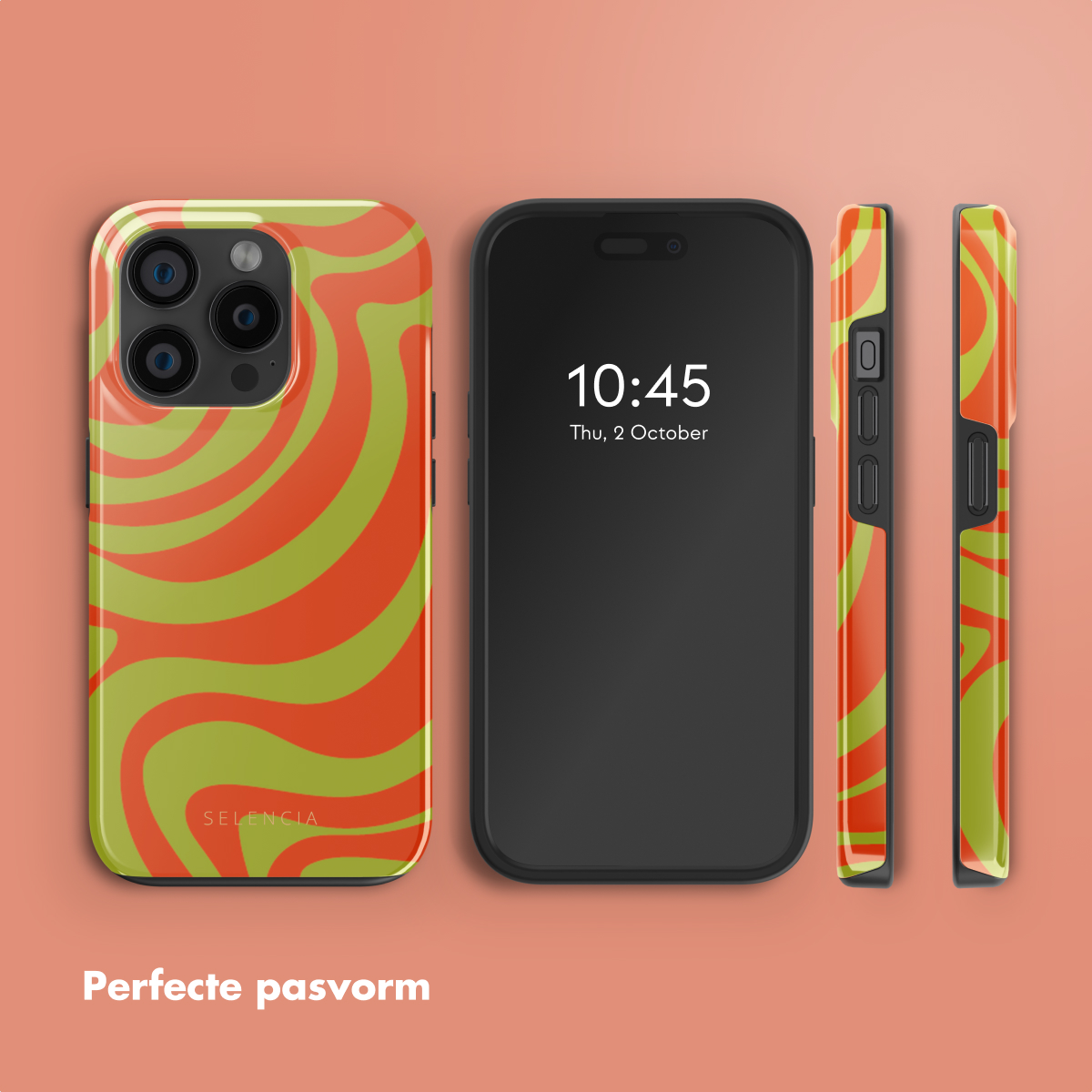 Custodia per telefono con motivo a spirale arancione e verde. Il telefono è nero. Sfondo arancione.