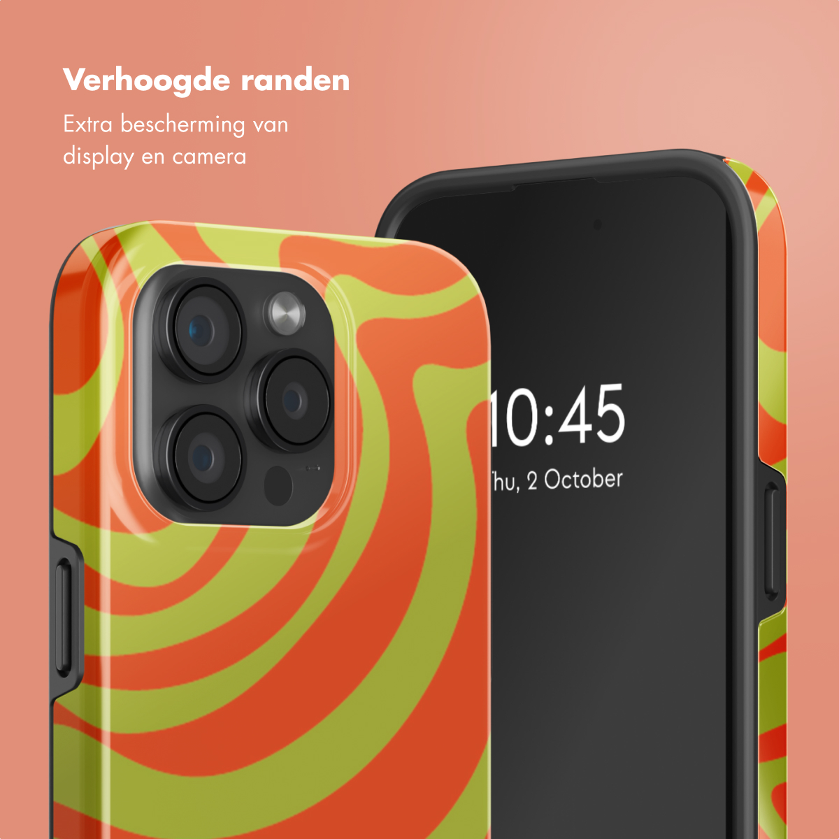 Mockup del telefono. La parte anteriore e laterale di un telefono con una custodia. La custodia ha un design arancione e verde.