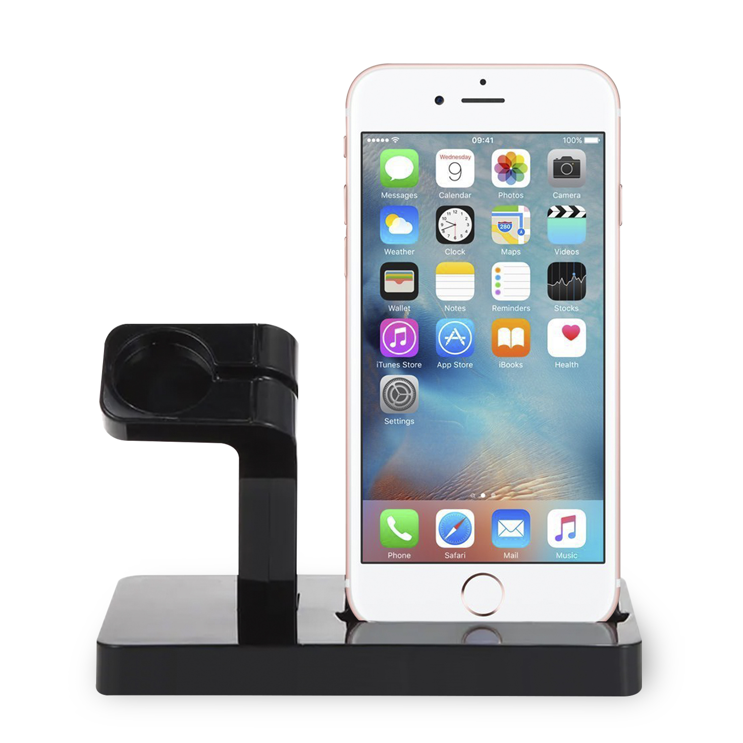 Un iPhone bianco e un Apple Watch. Sono esposti su un supporto nero.