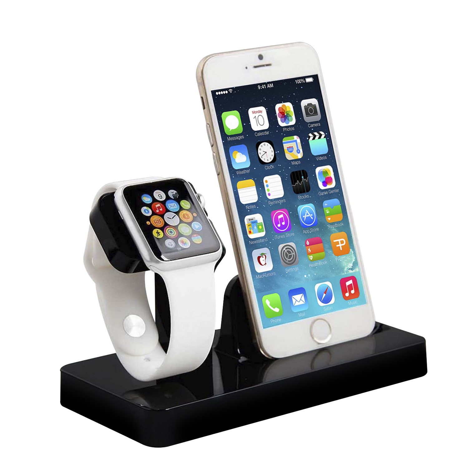 Un iPhone e un Apple Watch su un supporto nero. L'orologio è bianco.