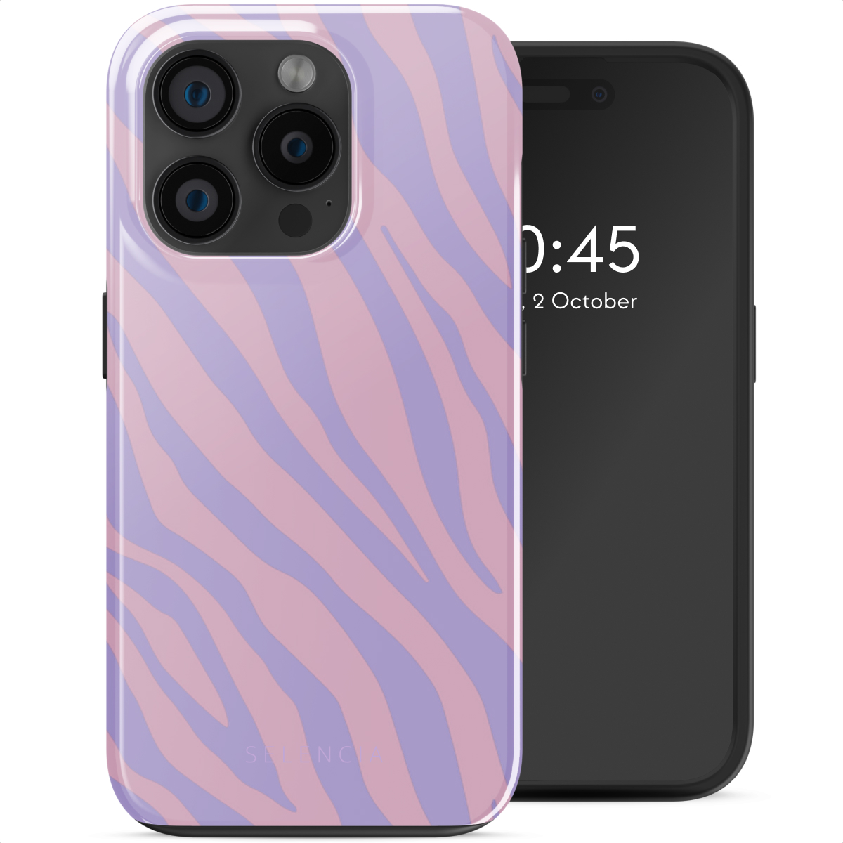 Custodia per telefono con strisce zebrate rosa e viola su un telefono che mostra l'ora.