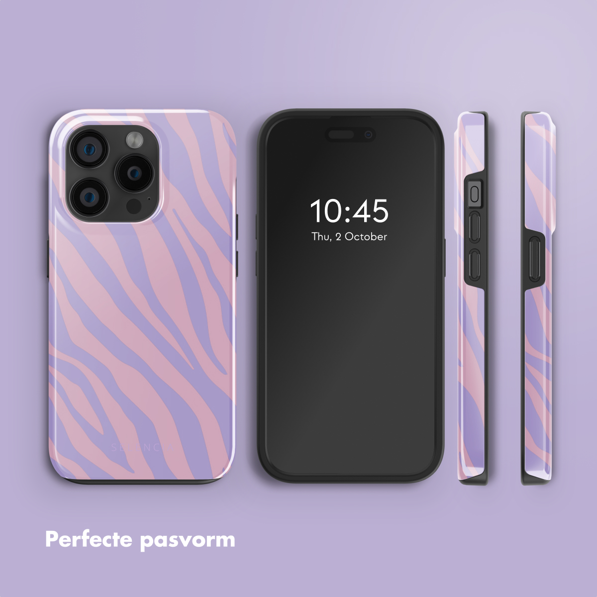 Custodia per telefono con telefono, viste laterali. Motivo zebrato viola e rosa. Testo: Vestibilità perfetta.
