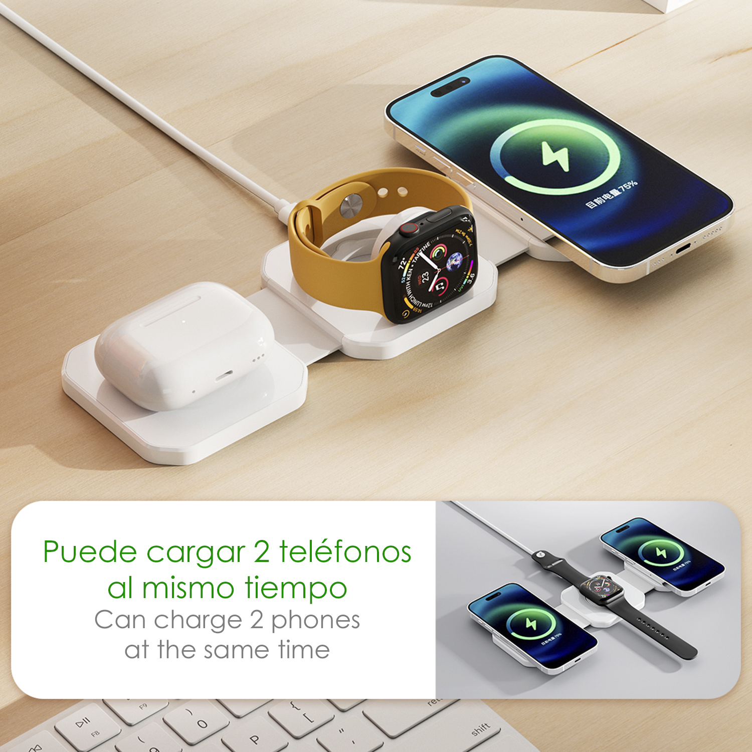 Caricatore wireless con telefono, orologio e auricolari in carica.